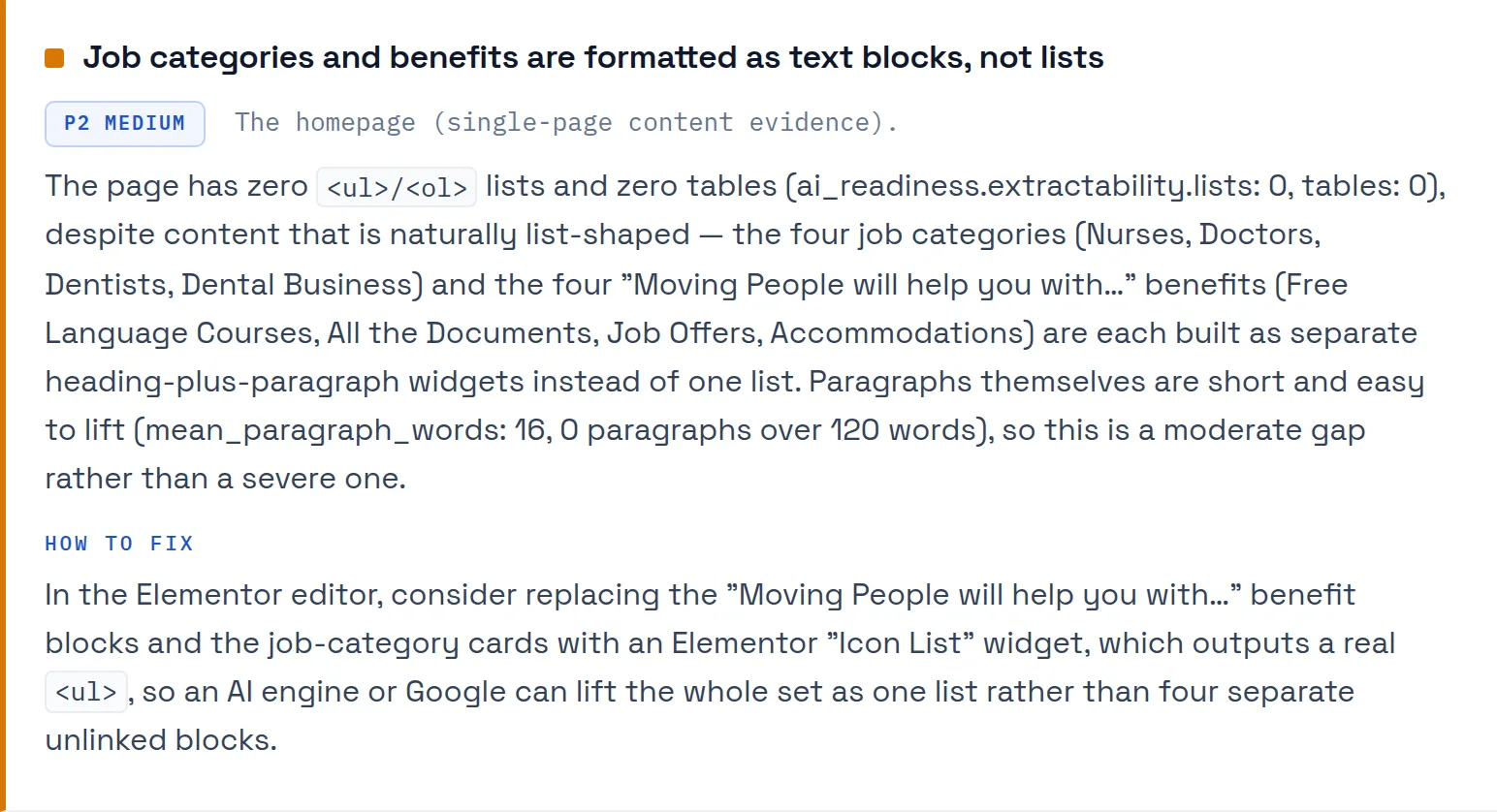 Content card: job categories and benefits built as separate blocks with zero lists, and the Elementor widget to use