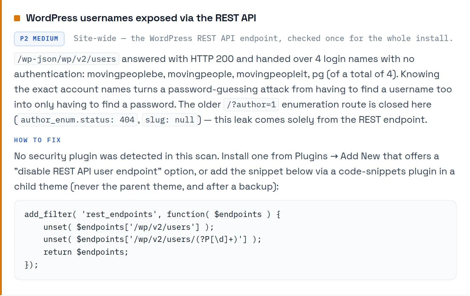 Security card: WordPress usernames exposed via the REST API, with the snippet that closes it