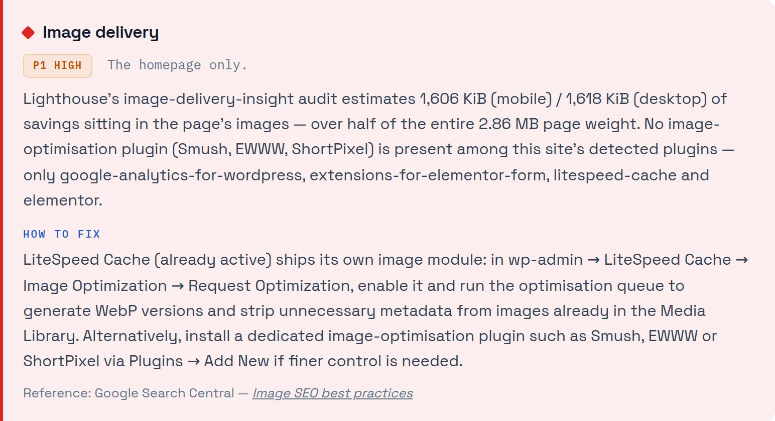 Image delivery card: 1,606 KiB of estimated image savings, and the LiteSpeed Cache setting that recovers it