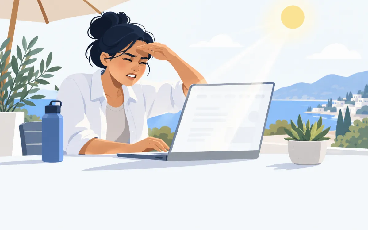 Illustration: a visitor squinting at a pale navigation menu in bright sunlight