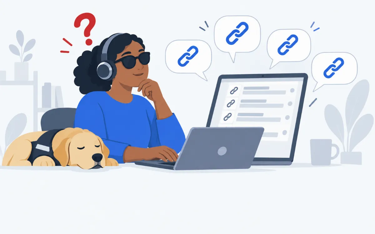 Illustration: a screen-reader user hearing “link” repeated with no destination