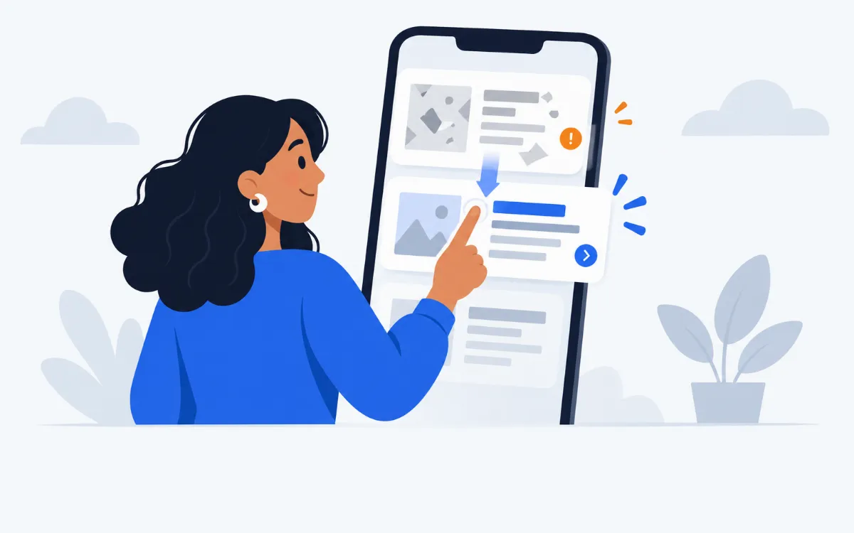 Illustration: a searcher scrolling past a jumbled search result to a clear one
