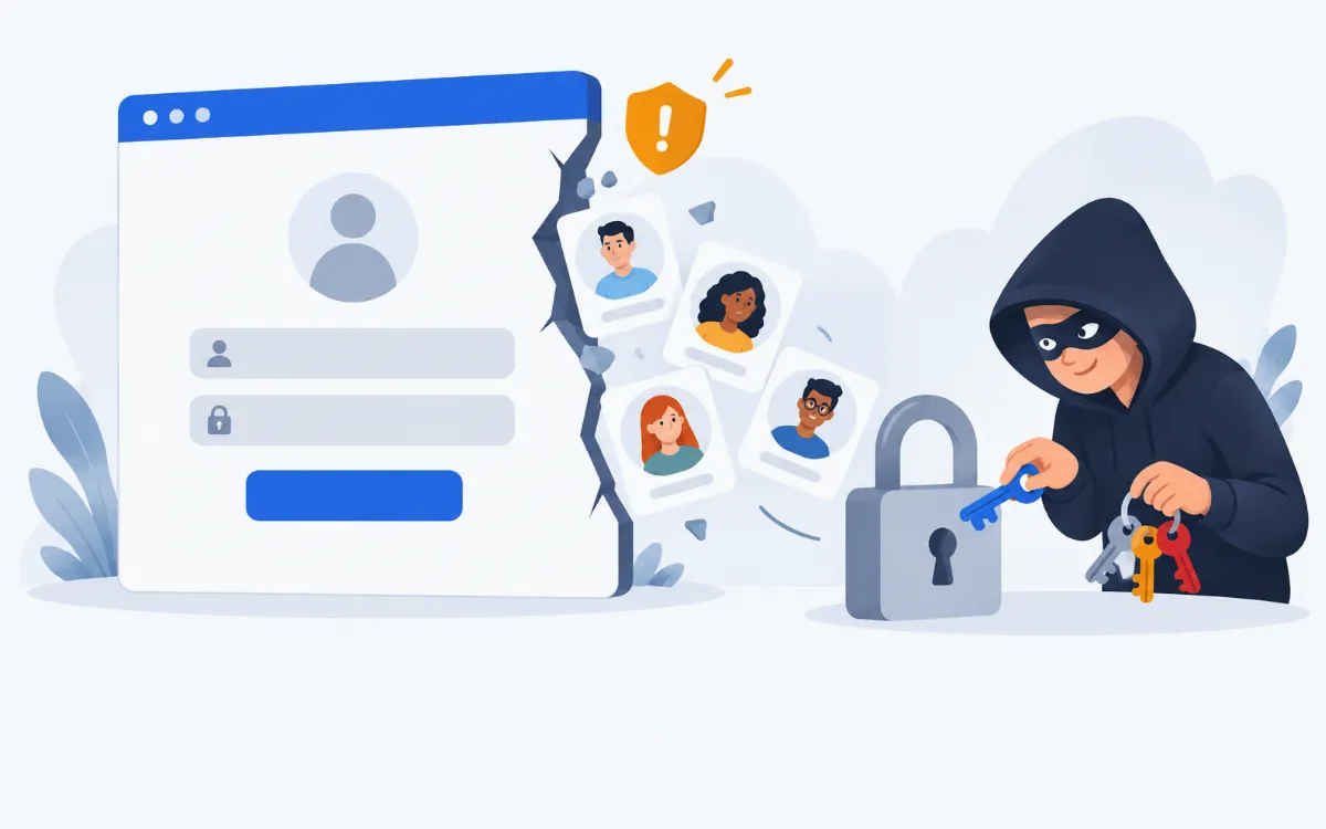 Illustration: user accounts spilling out of a site to someone trying keys on a padlock