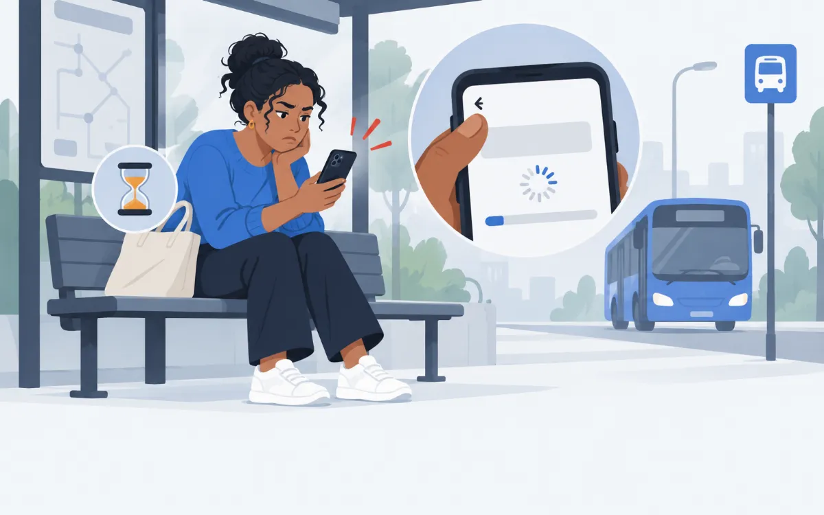 Illustration: a visitor on a phone waiting on a blank loading page, thumb on the back button